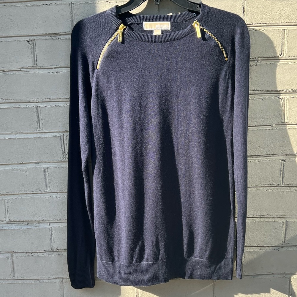 EUC Michael Kors Size M Navy Blue Cotton Blend Sweater with Gold Zipper Accent